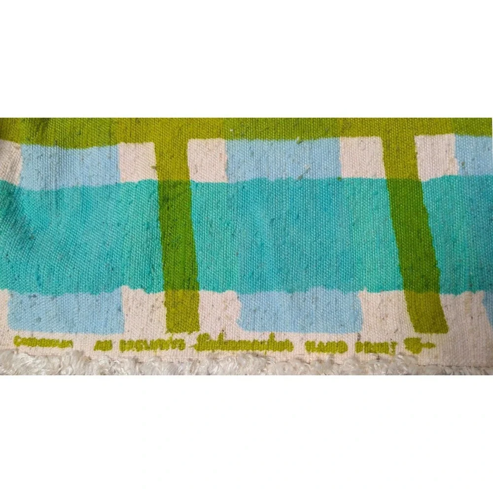 Vintage Schumacher Hand Print Plaid Fabric Blue Lime Green 1.25 Yards 56